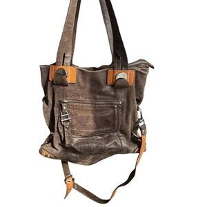 B. Makowsky Metallic Brown Leather Large Satchel Shoulder Bag EUC